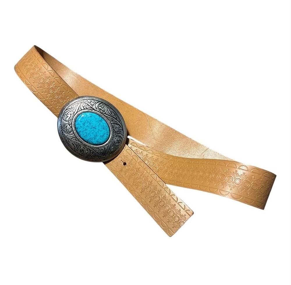 Western Tan Leather Embossed Belt with Turquoise Oval Buckle